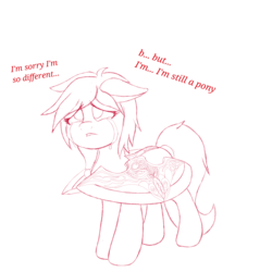 Size: 1460x1460 | Tagged: safe, artist:acespade777, oc, oc only, original species, pegasus, pony, crying, female, filly, floppy ears, monochrome, solo, weapon