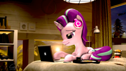 Size: 7680x4320 | Tagged: safe, artist:calveen, starlight glimmer, bird, pony, unicorn, g4, 3d, absurd resolution, apple (company), beats by dr dre, bed, bedroom, book, bookshelf, bread, breakfast, car, clock, coffee, computer, curtains, egg, female, food, iphone, lamp, laptop computer, lens flare, lying, lying on bed, macbook, macintosh (computer), mare, morning, mug, plane, plate, smiling, solo, source filmmaker, stormtrooper, teddy bear, toast, tree, trophy, window