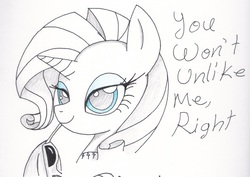 Size: 2269x1610 | Tagged: safe, artist:ethereal-desired, rarity, pony, unicorn, g4, bust, eyelashes, female, lidded eyes, mare, partial color, portrait, smiling, solo, sunglasses, traditional art