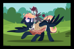 Size: 1600x1065 | Tagged: safe, artist:torusthescribe, oc, oc only, oc:dwight fiction, oc:ridley, hippogriff, pegasus, pony, interspecies offspring, magical lesbian spawn, male, offspring, parent:gabby, parent:quibble pants, parent:rainbow dash, parent:scootaloo, parents:gabbyloo, parents:quibbledash, stallion