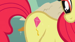 Size: 1280x720 | Tagged: safe, screencap, apple bloom, earth pony, pony, call of the cutie, g4, season 1, cutie mark, fake cutie mark, female, filly, foal, kite, solo