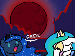 Size: 648x486 | Tagged: safe, artist:flutterluv, princess celestia, princess luna, alicorn, pony, series:flutterluv's full moon, g4, 2018 super blue blood moon, :d, animated, blood moon, blue moon, canterlot, celestia is not amused, chibi, cute, dialogue, duo, eyes closed, facehoof, female, floppy ears, low frequency flashing, lunabetes, moon, night, open mouth, royal sisters, smiling, unamused