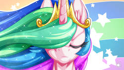 Size: 1920x1080 | Tagged: safe, artist:mysticalpha, princess celestia, alicorn, pony, g4, bust, crown, ethereal mane, eyelashes, eyes closed, female, flowing mane, frown, jewelry, lighting, mare, multicolored mane, portrait, praise the sun, rainbow background, regalia, royalty, serious, solo, sparkles, stars, tiara, wallpaper