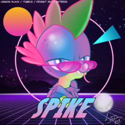 Size: 900x900 | Tagged: safe, artist:lennonblack, spike, dragon, g4, 80's-ish, crossed arms, glasses, looking at you, male, moon, retro, retrowave, solo, sun, tongue out, triangle