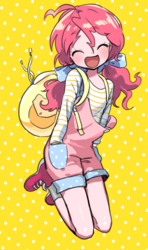 Size: 800x1350 | Tagged: safe, artist:quizia, pinkie pie, human, g4, :d, alternate hairstyle, backpack, bow, clothes, cute, diapinkes, eyes closed, female, hair bow, hair ribbon, hand in pocket, happy, humanized, kneeling, overalls, pigtails, shoes, solo, twintails