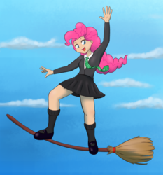 Size: 933x1000 | Tagged: safe, artist:empyu, pinkie pie, human, g4, broom, clothes, crossover, cute, female, flying, flying broomstick, harry potter (series), hogwarts, humanized, legs, mary janes, miniskirt, necktie, pleated skirt, school uniform, shoes, silly, skirt, slytherin, smiling, socks, solo, surfing, sweater, uniform