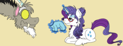 Size: 3104x1168 | Tagged: safe, artist:rosefang16, discord, rarity, pony, g4, female, glasses, magic, male, onesie, prone, raricord, shipping, simple background, straight, tan background