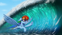 Size: 1600x900 | Tagged: safe, artist:adagiostring, rainbow dash, pegasus, pony, g4, female, flying, smiling, solo, spread wings, wave, wings