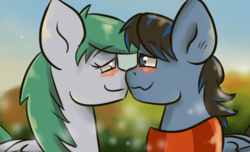 Size: 900x546 | Tagged: safe, artist:tranzmuteproductions, oc, oc only, pegasus, pony, blushing, duo, eye contact, female, looking at each other, male, mare, oc x oc, shipping, stallion, straight