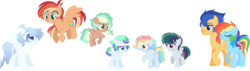 Size: 1991x565 | Tagged: safe, artist:pandemiamichi, flash sentry, rainbow dash, oc, oc:athena, oc:crescent skies, oc:monochromatic disaster, oc:rainbow ring, oc:sea tide, oc:thunder riot, pony, unicorn, g4, colored wings, colt, family, female, filly, flashdash, male, mare, multicolored wings, offspring, parent:flash sentry, parent:rainbow dash, parents:flashdash, rainbow wings, shipping, simple background, straight, transparent background