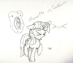 Size: 5330x4581 | Tagged: safe, artist:ethereal-desired, minuette, pony, unicorn, g4, absurd resolution, clock, eyes closed, female, glowing horn, horn, magic, mare, minuette vs tardiness, monochrome, open mouth, solo, telekinesis, traditional art