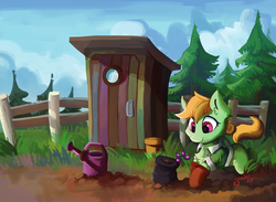 Size: 1600x1172 | Tagged: safe, artist:saxopi, oc, oc only, earth pony, pony, clothes, fence, flower, garden, gloves, outhouse, planting, scenery, solo, tree, watering can