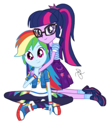 Size: 1818x2048 | Tagged: safe, artist:ilaria122, rainbow dash, sci-twi, twilight sparkle, equestria girls, g4, my little pony equestria girls: better together, clothes, converse, duo, female, geode of super speed, geode of telekinesis, glasses, lesbian, magical geodes, not a vector, pants, ponytail, ship:sci-twidash, ship:twidash, shipping, shoes, simple background, skirt, socks, transparent background