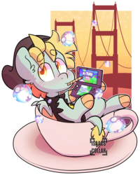 Size: 1024x1278 | Tagged: safe, artist:isaacs-collar, oc, oc only, oc:bb, dracony, hybrid, blushing, bubble, clothes, cup, cute, golden gate bridge, male, nintendo ds, solo, teacup