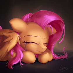Size: 3000x3000 | Tagged: safe, artist:coldrivez, fluttershy, pegasus, pony, g4, bust, crying, eyes closed, female, floppy ears, high res, prone, sad, solo, teary eyes, wings