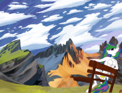 Size: 4096x3112 | Tagged: safe, artist:wax-42, princess celestia, alicorn, anthro, unguligrade anthro, g4, bench, cloud, female, grass, mountain, nudity, scenery, sitting, solo