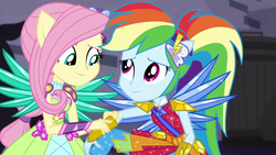 Size: 1280x720 | Tagged: safe, screencap, fluttershy, rainbow dash, equestria girls, g4, my little pony equestria girls: better together, super squad goals, crystal guardian, crystal wings, duo, female, ponied up, shipping fuel