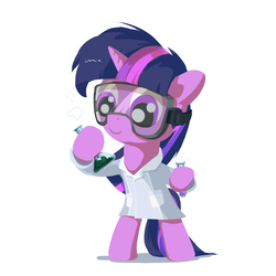 Size: 3000x3000 | Tagged: safe, artist:coldrivez, twilight sparkle, pony, unicorn, g4, atg 2017, bipedal, chemistry, clothes, cute, erlenmeyer flask, female, goggles, high res, hoof hold, lab coat, looking at something, newbie artist training grounds, simple background, solo, test tube, unicorn twilight, white background