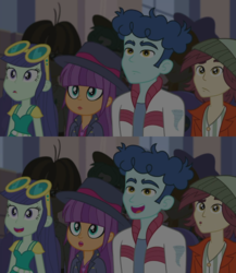 Size: 711x820 | Tagged: safe, screencap, blueberry cake, curly winds, ginger owlseye, normal norman, scott green, some blue guy, valhallen, wiz kid, equestria girls, g4, my little pony equestria girls: better together, opening night, exploitable meme, meme, reaction guys, template