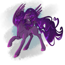 Size: 2000x2000 | Tagged: safe, artist:sourcherry, oc, oc only, alicorn, pony, fallout equestria, alicorn oc, artificial alicorn, fanfic, fanfic art, female, high res, hooves, horn, mare, muscles, mutant manual, purple alicorn (fo:e), raised hoof, solo, spread wings, wings