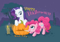 Size: 1024x726 | Tagged: safe, artist:diablera, pinkie pie, rarity, earth pony, pony, unicorn, g4, candle, duo, female, halloween, happy halloween, holiday, jack-o-lantern, knife, mare, night, pumpkin, stars