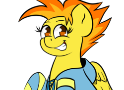 Size: 1100x800 | Tagged: safe, artist:tranzmuteproductions, spitfire, pegasus, pony, g4, bust, clothes, female, grin, hoodie, mare, simple background, smiling, solo, transparent background