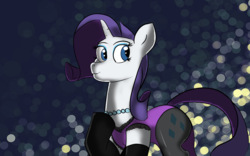 Size: 1440x900 | Tagged: safe, artist:tranzmuteproductions, rarity, pony, unicorn, g4, abstract background, clothes, dress, evening gloves, female, gloves, hoof on chest, horn, jewelry, long gloves, mare, necklace, pearl necklace, see-through, solo