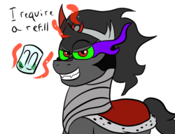 Size: 1000x768 | Tagged: safe, artist:tranzmuteproductions, king sombra, pony, unicorn, g4, bust, drinking glass, glass, glowing horn, grin, horn, magic, male, simple background, smiling, solo, sombra eyes, speech, stallion, talking, telekinesis, white background