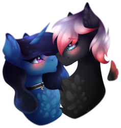 Size: 1024x1082 | Tagged: safe, artist:mauuwde, oc, oc only, oc:hitomi, oc:moonheart, pegasus, pony, unicorn, bust, female, floating wings, male, mare, oc x oc, portrait, shipping, simple background, stallion, straight, transparent background