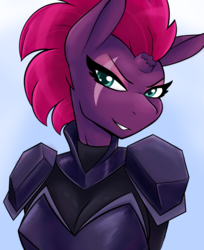 Size: 5100x6265 | Tagged: safe, artist:ambris, tempest shadow, unicorn, anthro, g4, my little pony: the movie, absurd resolution, armor, bodysuit, breastplate, breasts, broken horn, busty tempest shadow, cleavage, clothes, eye scar, female, horn, looking at you, mare, scar, smiling, solo, teeth, upper body