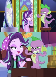 Size: 3834x5254 | Tagged: safe, artist:luckreza8, artist:red4567, edit, edited screencap, hundreds of users filter this tag, screencap, spike, spike the regular dog, starlight glimmer, dog, dragon, human, pony, unicorn, equestria girls, equestria girls specials, g4, the crystalling, axe commercial, beanie, bed, bedroom, bedroom eyes, comparison, equestria girls interpretation, female, flexing, hat, looking good spike, male, mirror, muscles, parody, scene interpretation, ship:sparlight, shipping, show accurate, straight, tonight you