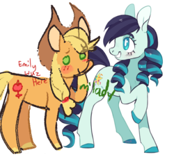 Size: 1200x1083 | Tagged: safe, artist:bebbies, artist:xenon, applejack, coloratura, earth pony, pony, g4, alternate cutie mark, blushing, collaboration, dialogue, doodle, duo, female, lesbian, looking back, m'lady, mare, raised hoof, ship:rarajack, shipping, simple background, smiling, stylistic suck, transparent background