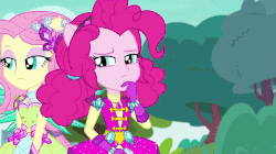 Size: 720x404 | Tagged: safe, screencap, fluttershy, pinkie pie, equestria girls, g4, my little pony equestria girls: better together, super squad goals, !!, animated, bush, canterlot city, crystal guardian, crystal wings, exclamation point, female, geode of sugar bombs, gif, ponied up, popping, searching