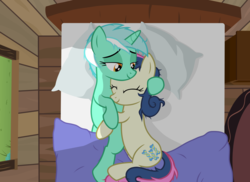 Size: 11000x8000 | Tagged: safe, artist:mundschenk85, bon bon, lyra heartstrings, sweetie drops, pony, g4, absurd resolution, bed, cuddling, female, lesbian, ship:lyrabon, shipping, show accurate, vector