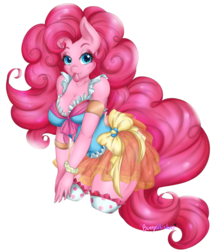Size: 1341x1563 | Tagged: safe, artist:bunnywhiskerz, pinkie pie, earth pony, anthro, g4, breasts, cleavage, clothes, cute, female, looking at you, mare, simple background, solo, tongue out, white background