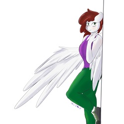 Size: 2048x2048 | Tagged: safe, artist:epicenehs, oc, oc only, oc:graph travel, pegasus, anthro, against wall, clothes, female, freckles, heart eyes, high res, simple background, solo, wingding eyes