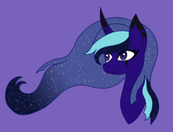 Size: 1024x788 | Tagged: safe, artist:palerose522, oc, oc only, oc:midnight romance, alicorn, pony, alicorn oc, bust, ethereal mane, female, gift art, magical lesbian spawn, mare, next generation, offspring, parent:princess luna, parent:twilight sparkle, parents:twiluna, purple background, simple background, solo, sparkly mane, starry mane