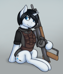 Size: 1860x2169 | Tagged: safe, artist:daf, oc, oc only, oc:snowblind, pony, unicorn, fallout equestria, female, gauss rifle, gun, scribe, solo, weapon