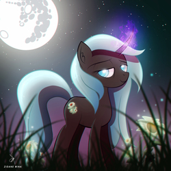 Size: 1920x1920 | Tagged: safe, artist:zidanemina, oc, oc only, oc:tenebris, pony, unicorn, moon, night, solo