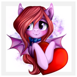 Size: 1500x1500 | Tagged: safe, artist:vird-gi, oc, oc only, oc:mythic charm, bat pony, pony, bat pony oc, blushing, bowtie, cute, ear fluff, female, hair over one eye, heart, holding, mare, ocbetes, red hair, red mane, red tail, solo, spread wings, wings