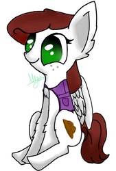 Size: 477x706 | Tagged: safe, artist:fluffy hooves, oc, oc only, oc:graph travel, pegasus, pony, clothes, cute, female, fluffy, freckles, mare, simple background, sitting, small pony, solo, vest, wings