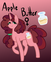 Size: 850x1030 | Tagged: safe, artist:eppyminecart, oc, oc only, oc:apple butter (ice1517), pony, unicorn, icey-verse, female, gradient background, mare, next generation, offspring, parent:big macintosh, parent:sugar belle, parents:sugarmac, raised hoof, red background, simple background, solo