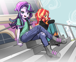 Size: 1359x1100 | Tagged: dead source, safe, artist:quizia, starlight glimmer, sunset shimmer, equestria girls, equestria girls specials, g4, my little pony equestria girls: mirror magic, beanie, boots, canterlot high, clothes, cute, duo, eyeshadow, female, glimmerbetes, hat, jacket, jeans, looking at you, makeup, pants, shimmerbetes, shoes, sky, stairs