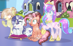 Size: 1024x639 | Tagged: safe, artist:sleppchocolatemlp, princess flurry heart, oc, oc:butterfly weights, oc:cheese cupcake, oc:deina, crystal pony, earth pony, pegasus, pony, g4, base used, crystallized, female, mare, offspring, older, older flurry heart, parent:bulk biceps, parent:cheese sandwich, parent:fancypants, parent:fluttershy, parent:pinkie pie, parent:rarity, parents:cheesepie, parents:flutterbulk, parents:raripants