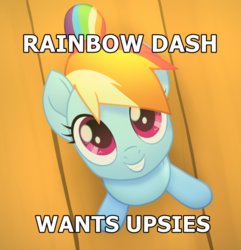 Size: 630x654 | Tagged: safe, edit, edited screencap, screencap, rainbow dash, pegasus, pony, g4, my little pony: the movie, bronybait, cute, dashabetes, female, grin, happy, image macro, looking up, meme, multicolored mane, red eyes, smiling, solo, text, text edit, time to be awesome, upsies