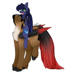 Size: 986x1053 | Tagged: safe, artist:skyarts, oc, oc only, oc:aria peryton, oc:halfmoon, bat pony, pony, cloven hooves, colored wings, cute, duo, freckles, glasses, gradient tail, gradient wings, looking up, ponies riding ponies, riding, simple background, smiling, transparent background