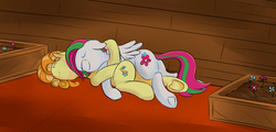 Size: 1024x492 | Tagged: safe, artist:a-wandering-dragon, blossomforth, junebug, earth pony, pegasus, pony, g4, cuddling, female, lesbian, mare, mare on mare, ship:juneforth, shipping, sleeping, wings