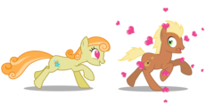 Size: 3000x1500 | Tagged: safe, artist:anarchemitis, junebug, meadow song, earth pony, pony, g4, chase, duo, eyes open, female, frown, galloping, heart, heart eyes, male, mare, meadowbug, open mouth, running, running away, shipping, simple background, smiling, stallion, straight, transparent background, want it need it, wingding eyes, wrong hairstyle