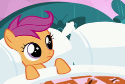 Size: 600x400 | Tagged: safe, screencap, scootaloo, pegasus, pony, g4, stare master, bed, blanket, cute, cutealoo, female, filly, lying down, on back, pillow, solo