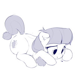 Size: 1280x1280 | Tagged: safe, artist:dimfann, lily longsocks, ant, earth pony, hedgehog, insect, pony, g4, adorasocks, awww, cute, daaaaaaaaaaaw, female, filly, lilydorable, looking at something, looking down, mare, monochrome, prone, simple background, sketch, solo, white background